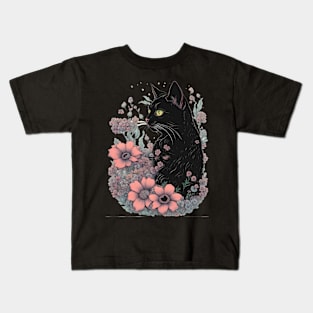 Aesthetic Easter Black Cat flowers Kids T-Shirt
